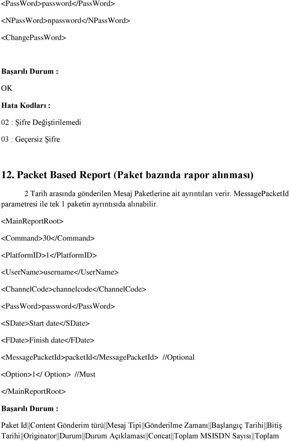 <MainReportRoot> <Command>30</Command> <PlatformID>1</PlatformID> <UserName>username</UserName> <ChannelCode>channelcode</ChannelCode> <PassWord>password</PassWord> <SDate>Start date</sdate>