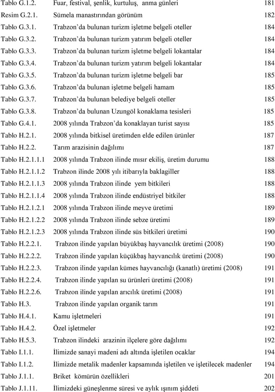 Trabzon da bulunan turizm iģletme belgeli bar 185 Tablo G.3.6. Trabzon da bulunan iģletme belgeli hamam 185 Tablo G.3.7. Trabzon da bulunan belediye belgeli oteller 185 Tablo G.3.8. Trabzon da bulunan Uzungöl konaklama tesisleri 185 Tablo G.