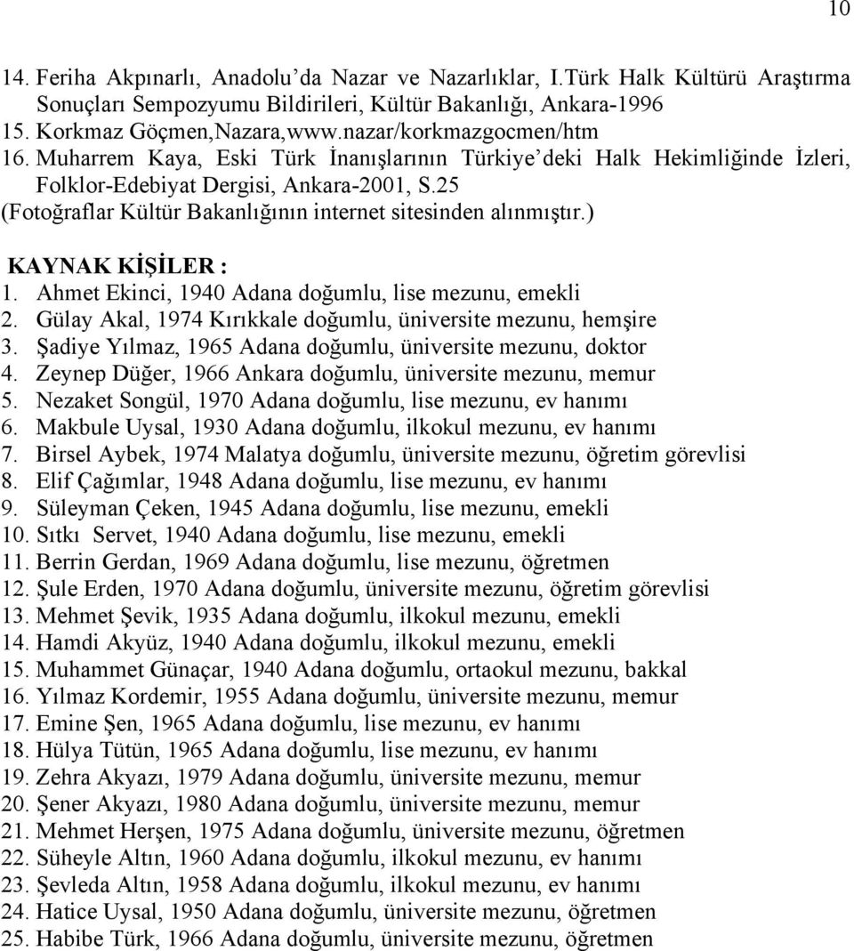 25 (Fotoğraflar Kültür Bakanlığının internet sitesinden alınmıştır.) KAYNAK KİŞİLER : 1. Ahmet Ekinci, 1940 Adana doğumlu, lise mezunu, emekli 2.