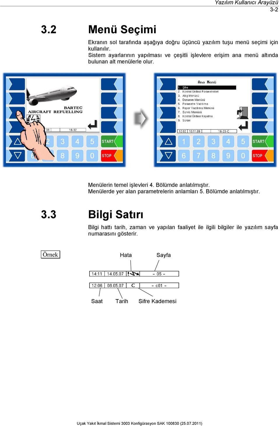 Bölümde anlatılmıştır. Menülerde yer alan parametrelerin anlamları 5. Bölümde anlatılmıştır. 3.