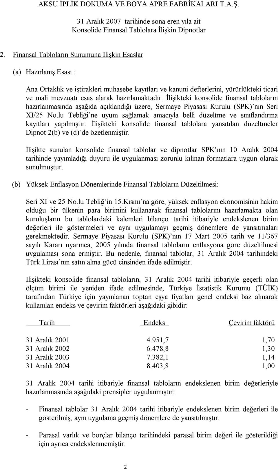 lu Tebliği ne uyum sağlamak amacıyla belli düzeltme ve sınıflandırma kayıtları yapılmıştır. İlişikteki konsolide finansal tablolara yansıtılan düzeltmeler Dipnot 2(b) ve (d) de özetlenmiştir.