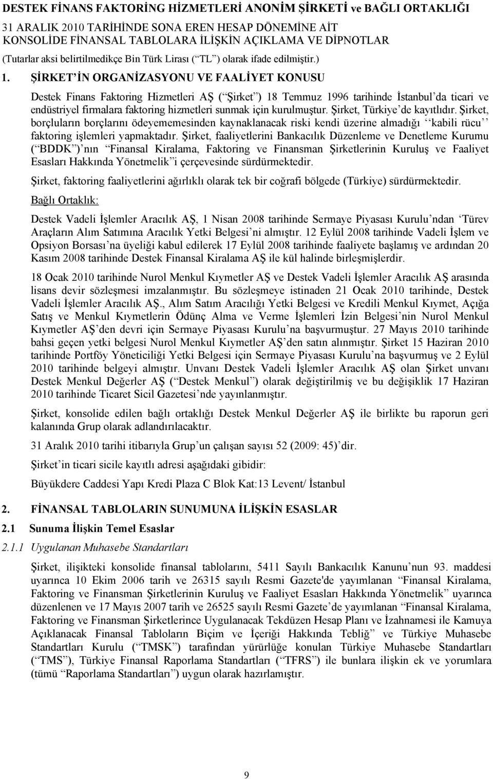 Şirket, faaliyetlerini Bankacılık Düzenleme ve Denetleme Kurumu ( BDDK ) nın Finansal Kiralama, Faktoring ve Finansman Şirketlerinin Kuruluş ve Faaliyet Esasları Hakkında Yönetmelik i çerçevesinde