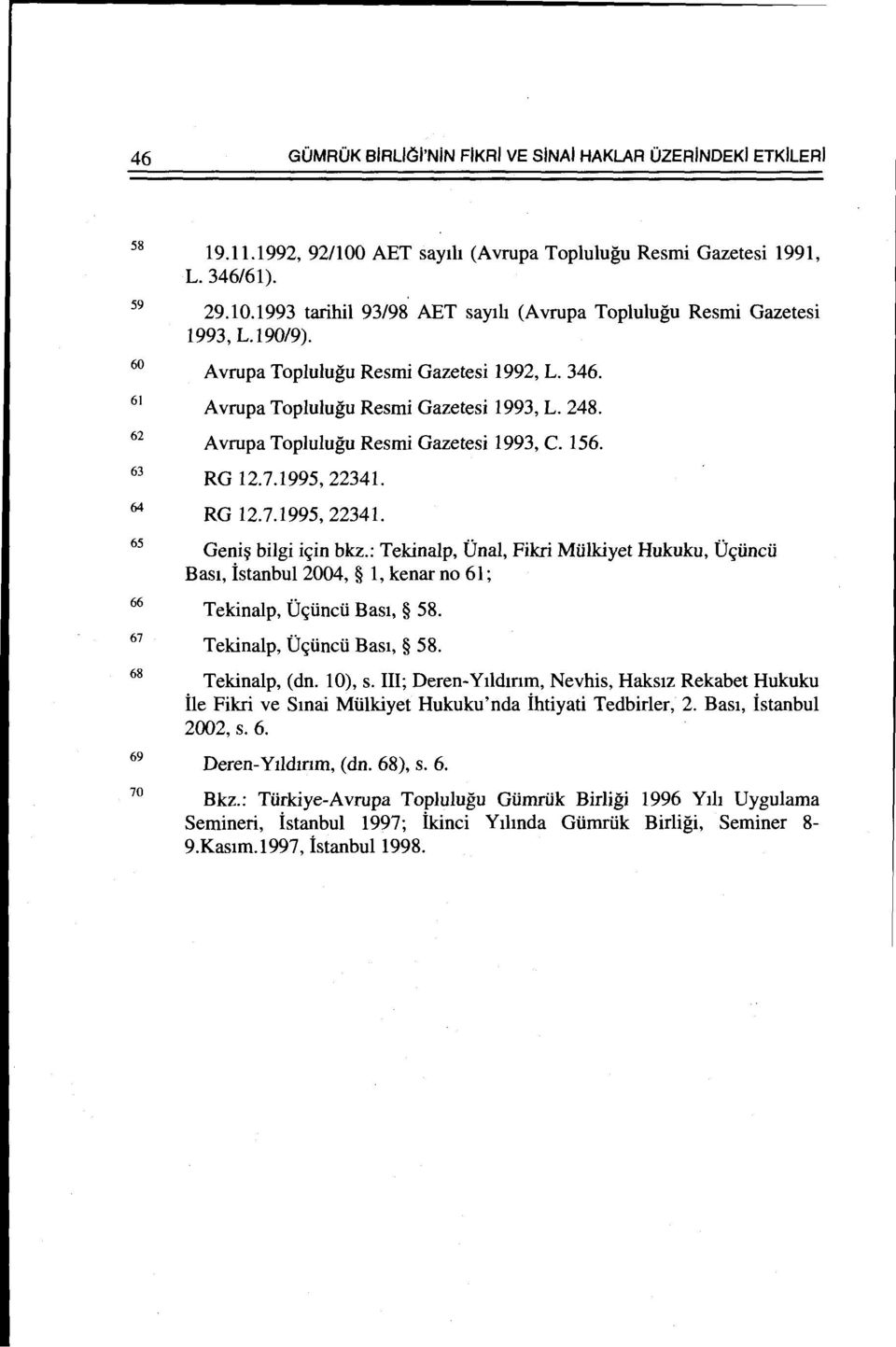 : Tekinalp, Dnal, Fikri Miilkiyet Hukuku, U<;iincii Bast, istanbul2004, 1, kenar no 61; Tekinalp, U<;iincii Bast, 58. Tekinalp, U<;iincii Bast, 58. Tekinalp, (dn. 10), s.