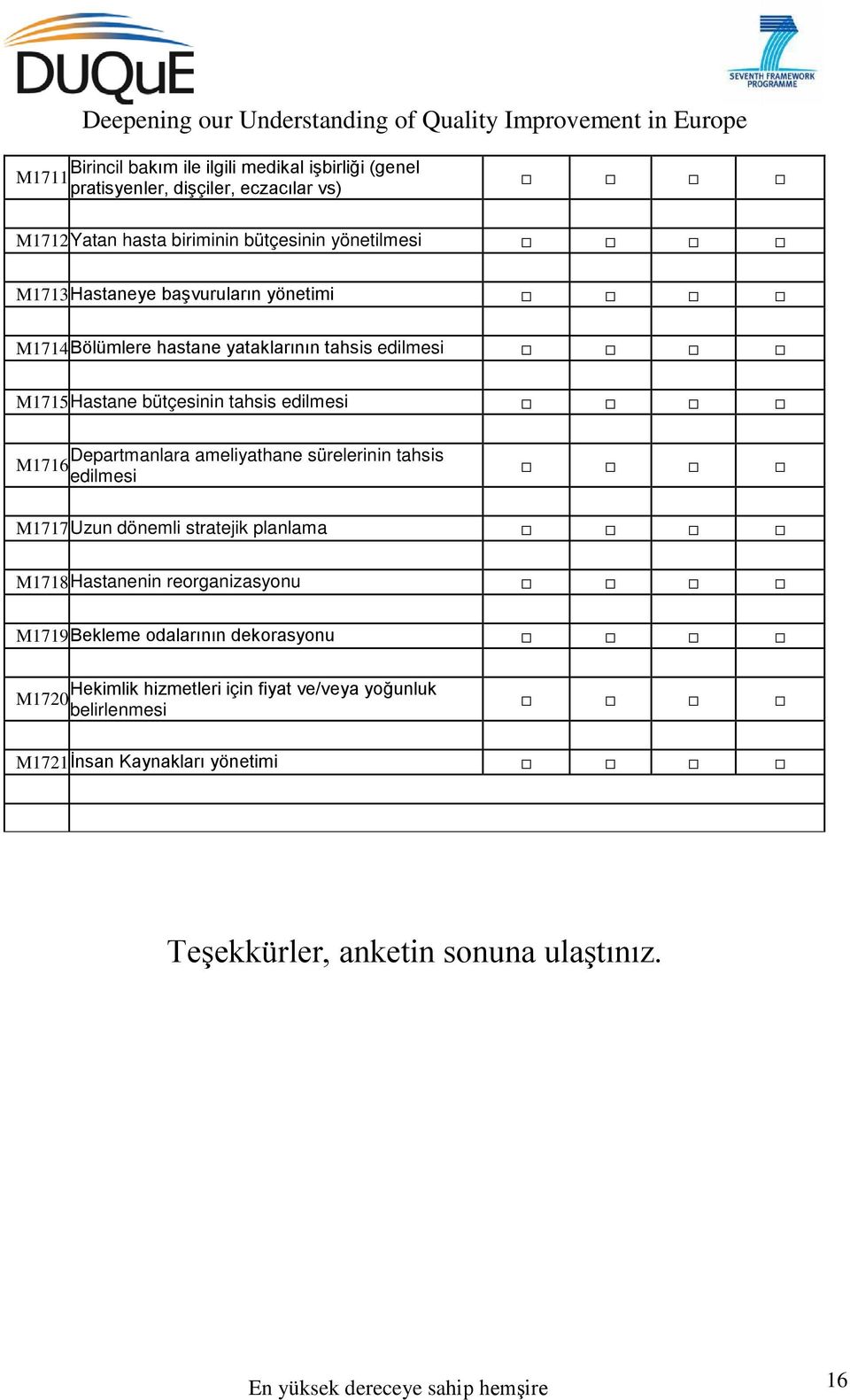 ameliyathane sürelerinin tahsis M1716 edilmesi M1717 Uzun dönemli stratejik planlama M1718 Hastanenin reorganizasyonu M1719 Bekleme odalarının