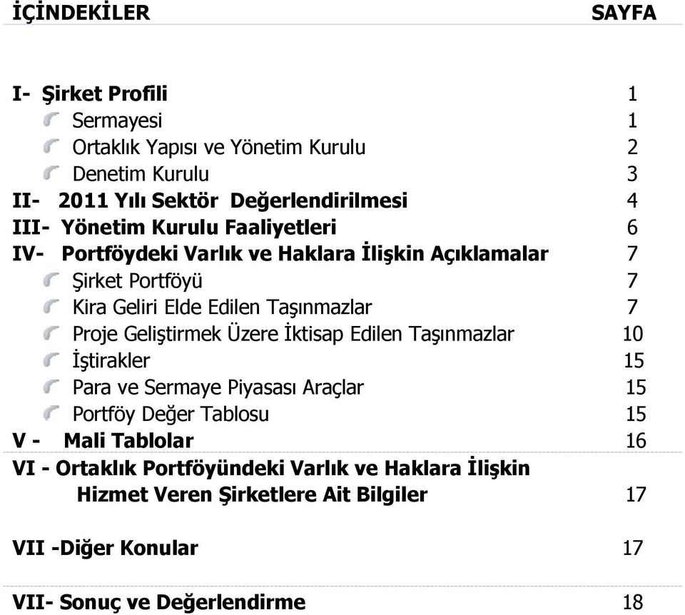 Proje Geliştirmek Üzere Đktisap Edilen Taşınmazlar 10 Đştirakler 15 Para ve Sermaye Piyasası Araçlar 15 Portföy Değer Tablosu 15 V - Mali Tablolar