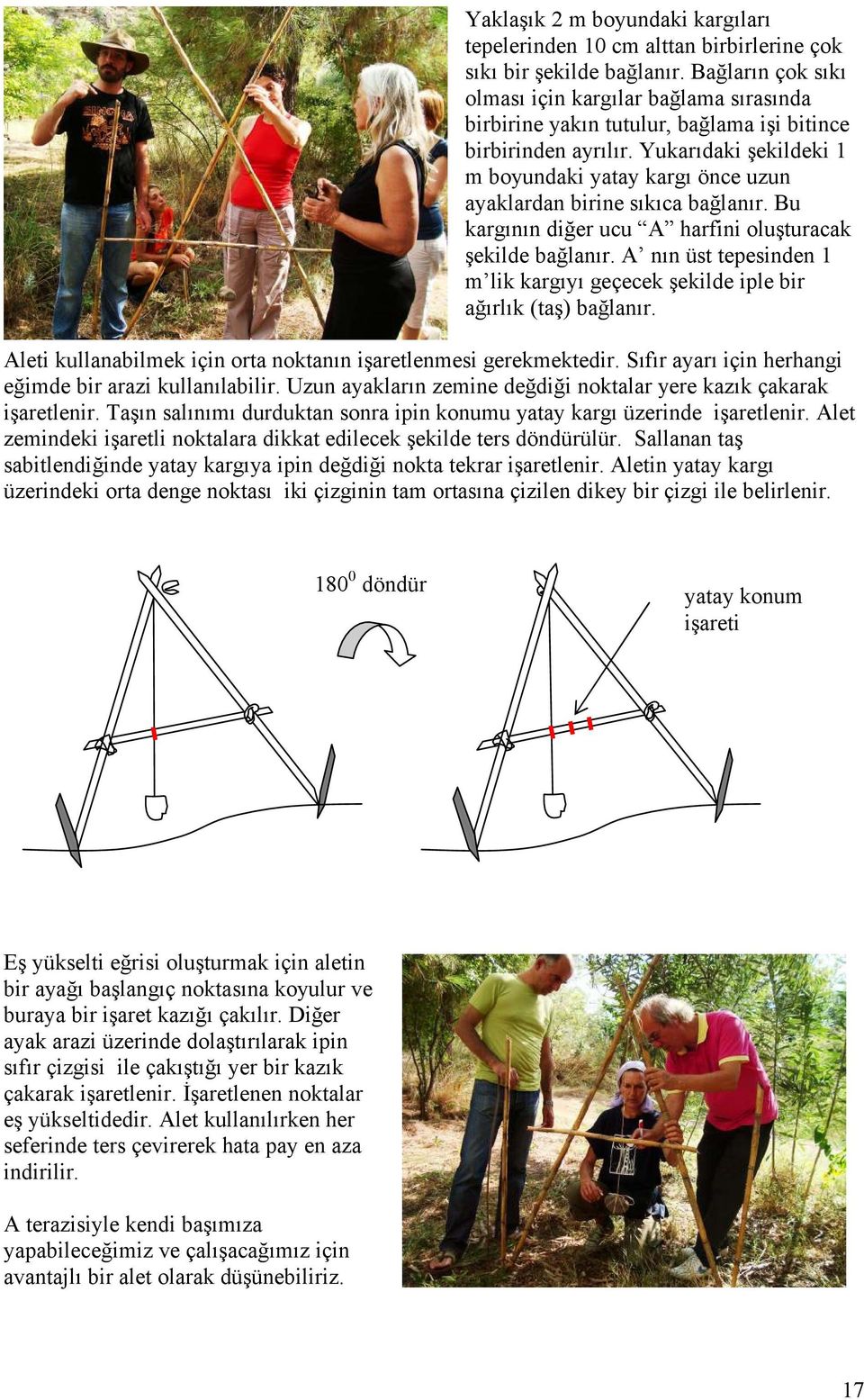 Yukarıdaki şekildeki 1 m boyundaki yatay kargı önce uzun ayaklardan birine sıkıca bağlanır. Bu kargının diğer ucu A harfini oluşturacak şekilde bağlanır.