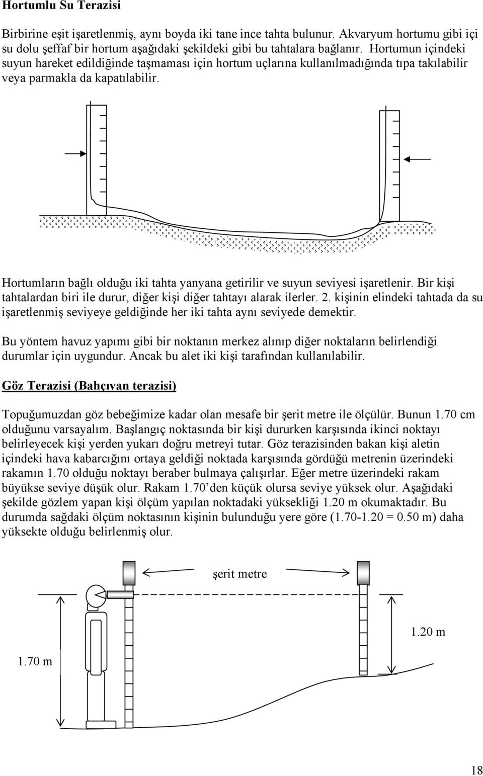 Hortumların bağlı olduğu iki tahta yanyana getirilir ve suyun seviyesi işaretlenir. Bir kişi tahtalardan biri ile durur, diğer kişi diğer tahtayı alarak ilerler. 2.