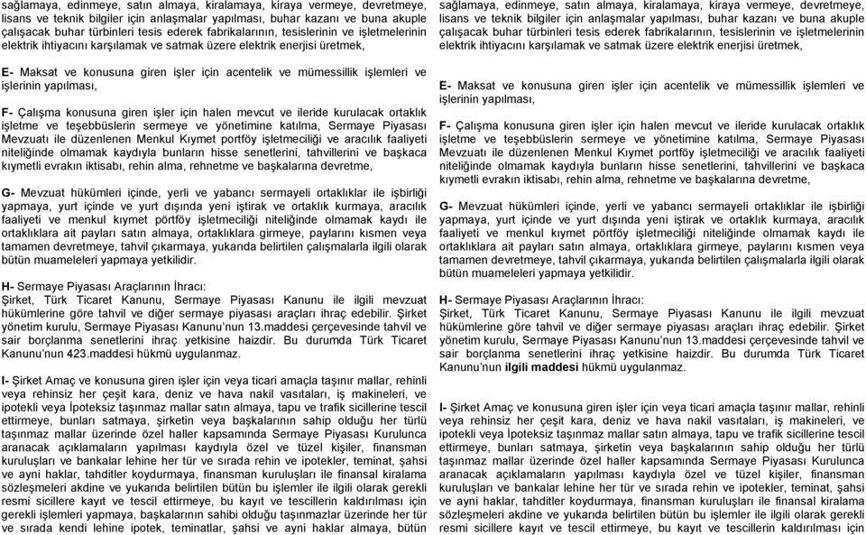 işlerinin yapılması, F- Çalışma konusuna giren işler için halen mevcut ve ileride kurulacak ortaklık işletme ve teşebbüslerin sermeye ve yönetimine katılma, Sermaye Piyasası Mevzuatı ile düzenlenen