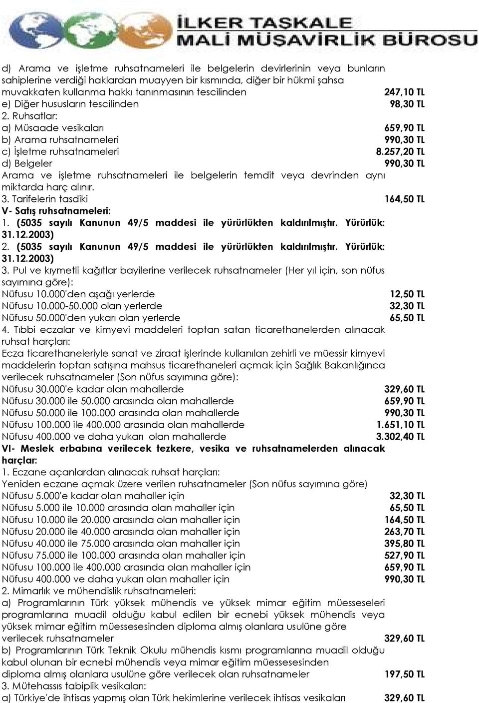 257,20 TL d) Belgeler 990,30 TL Arama ve işletme ruhsatnameleri ile belgelerin temdit veya devrinden aynı miktarda harç alınır. 3. Tarifelerin tasdiki 164,50 TL V- Satış ruhsatnameleri: 1.