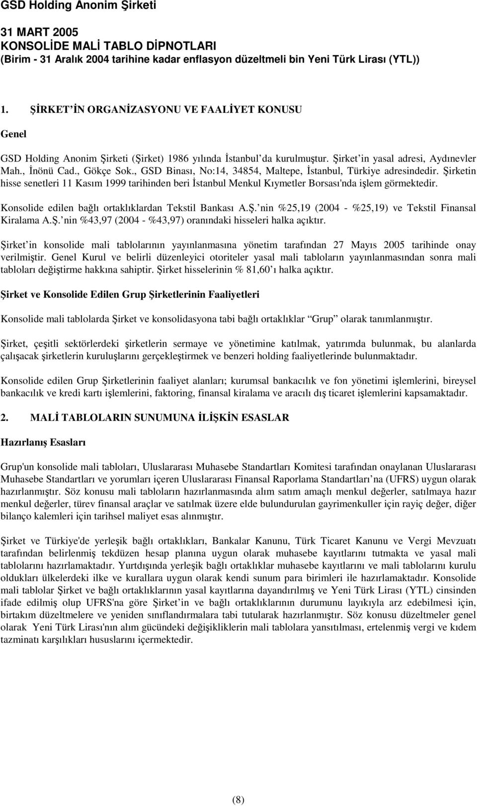 Konsolide edilen balı ortaklıklardan Tekstil Bankası A.. nin %25,19 (2004 - %25,19) ve Tekstil Finansal Kiralama A.. nin %43,97 (2004 - %43,97) oranındaki hisseleri halka açıktır.