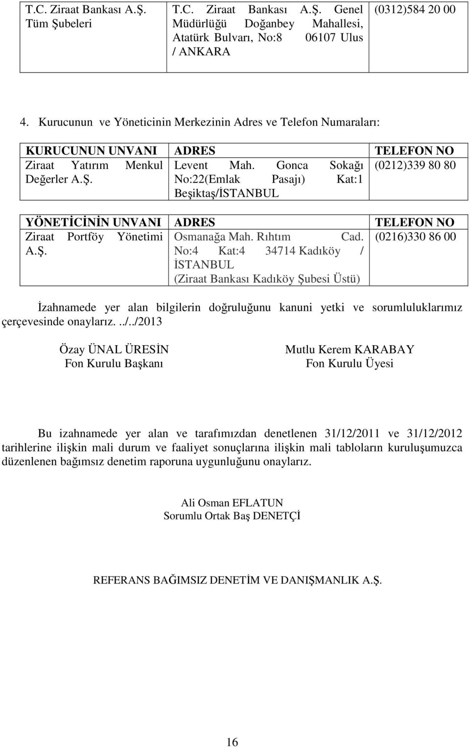 No:22(Emlak Pasajı) Kat:1 Beşiktaş/İSTANBUL YÖNETİCİNİN UNVANI ADRES TELEFON NO Ziraat Portföy Yönetimi Osmanağa Mah. Rıhtım Cad. (0216)330 86 00 A.Ş.