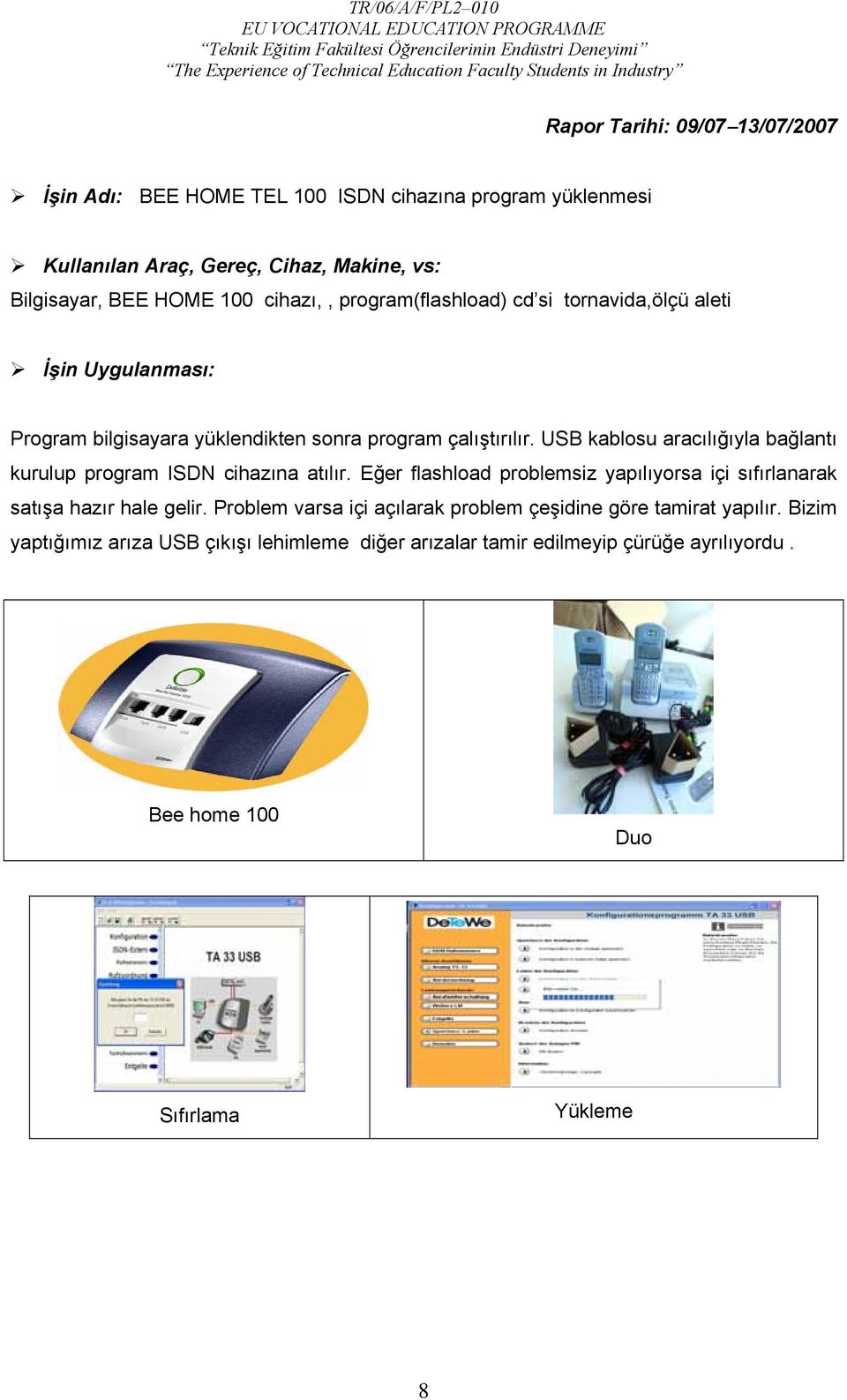 USB kablosu aracılığıyla bağlantı kurulup program ISDN cihazına atılır. Eğer flashload problemsiz yapılıyorsa içi sıfırlanarak satışa hazır hale gelir.