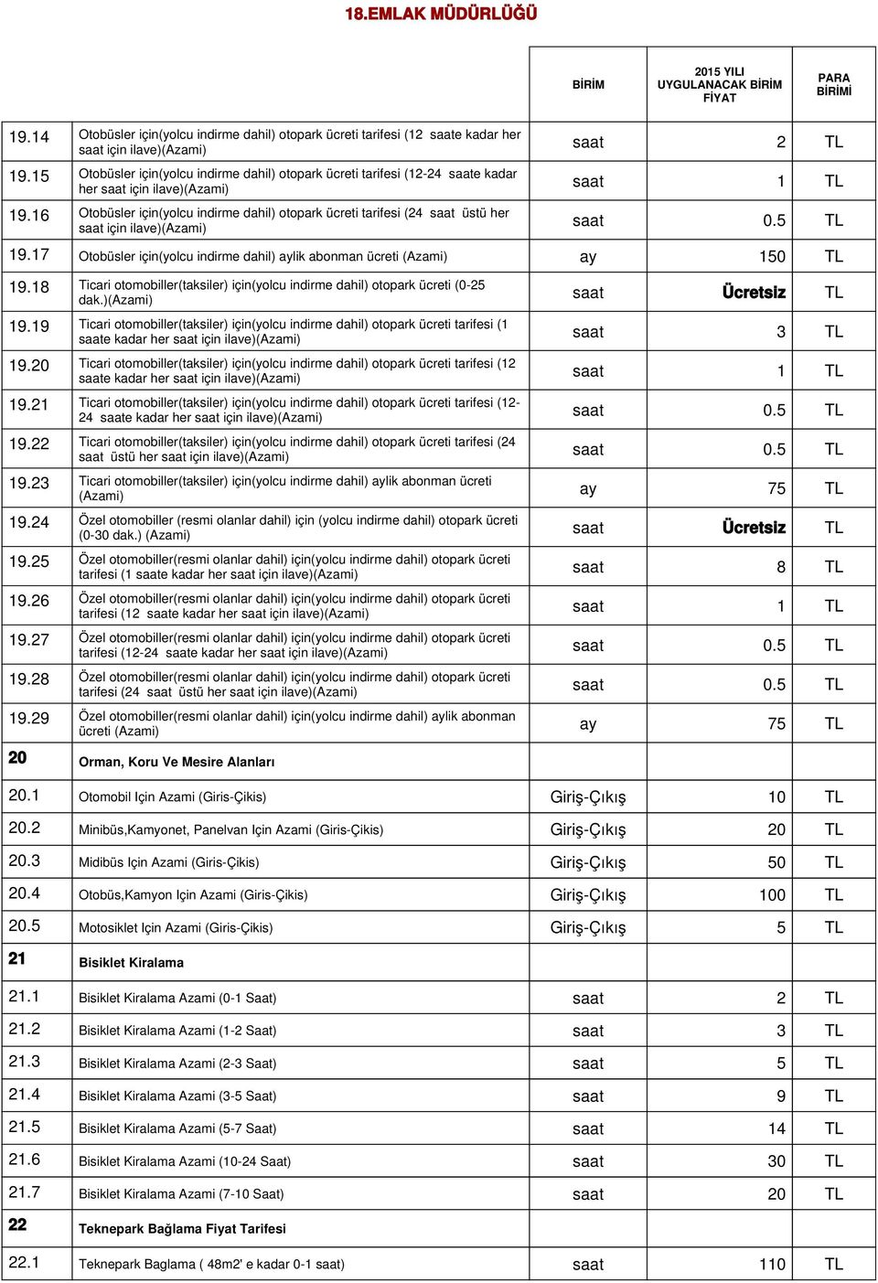 16 Otobüsler için(yolcu indirme dahil) otopark ücreti tarifesi (24 saat üstü her saat için ilave)(azami) saat 0.5 19.17 Otobüsler için(yolcu indirme dahil) aylik abonman ücreti (Azami) ay 150 19.