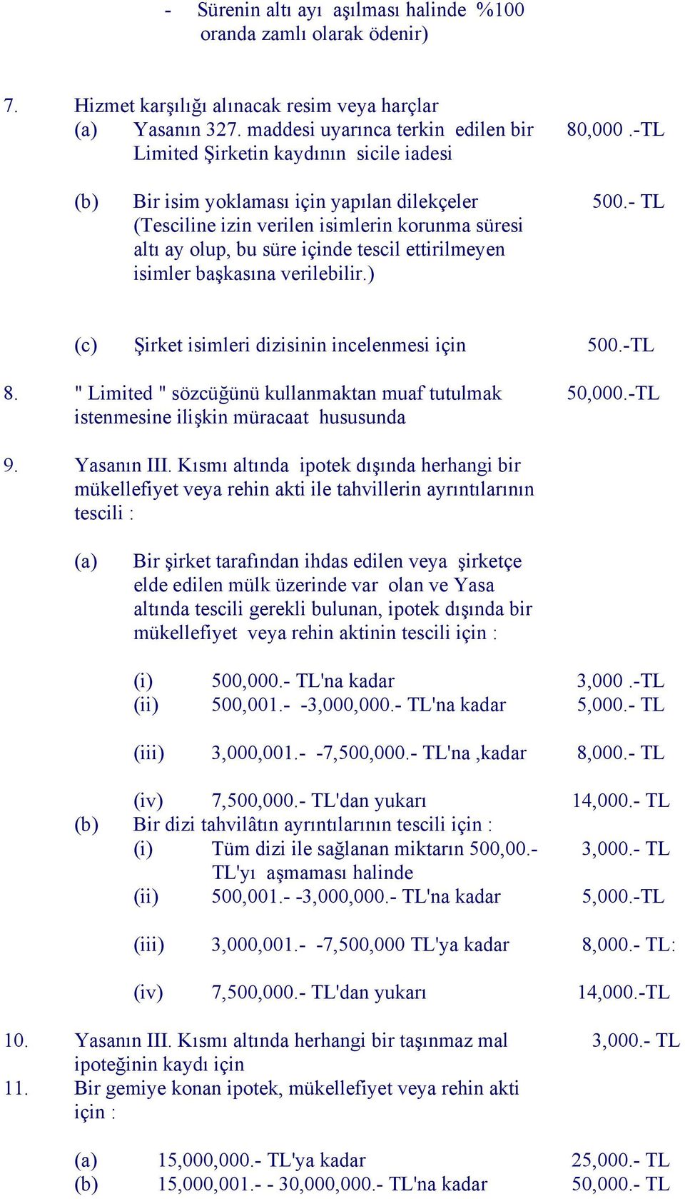 -TL (b) Bir isim yoklaması için yapılan dilekçeler (Tesciline izin verilen isimlerin korunma süresi altı ay olup, bu süre içinde tescil ettirilmeyen isimler başkasına verilebilir.) 500.