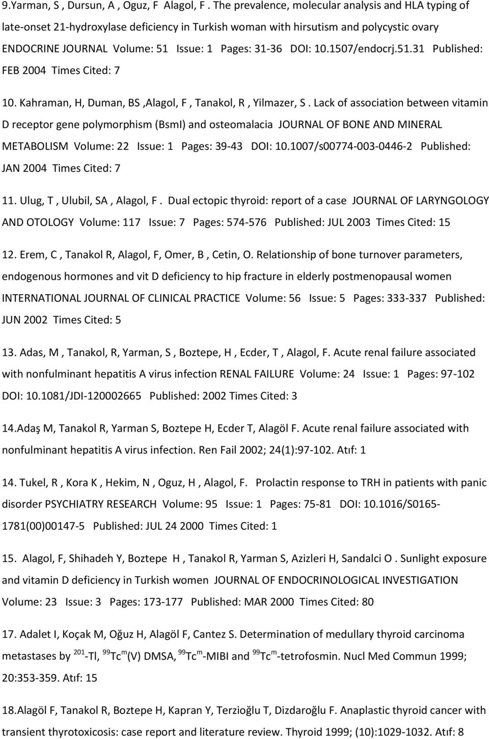 10.1507/endocrj.51.31 Published: FEB 2004 Times Cited: 7 10. Kahraman, H, Duman, BS,Alagol, F, Tanakol, R, Yilmazer, S.