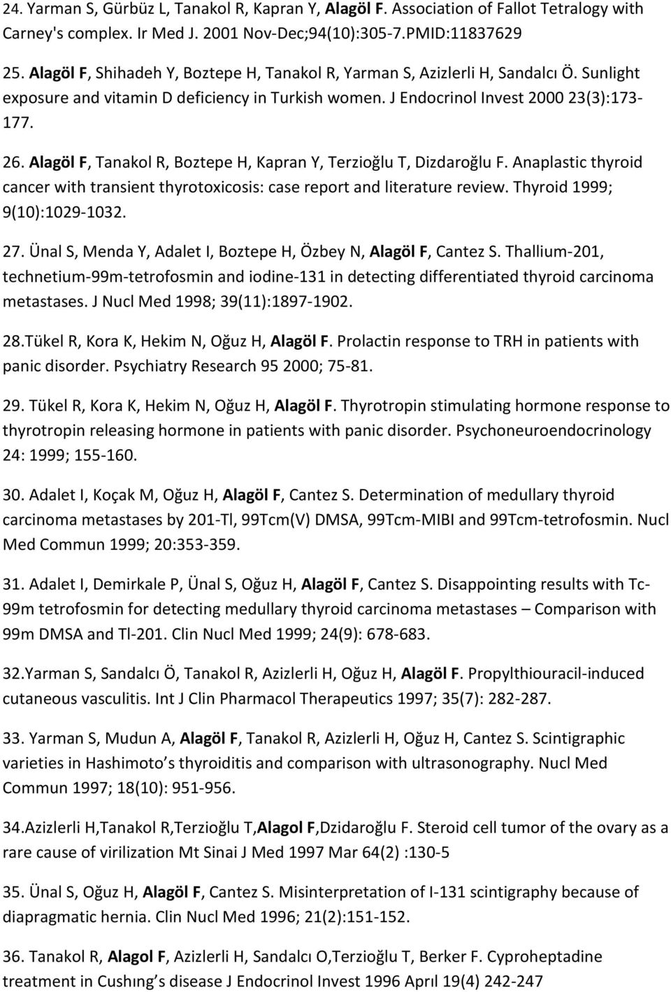 Alagöl F, Tanakol R, Boztepe H, Kapran Y, Terzioğlu T, Dizdaroğlu F. Anaplastic thyroid cancer with transient thyrotoxicosis: case report and literature review. Thyroid 1999; 9(10):1029-1032. 27.