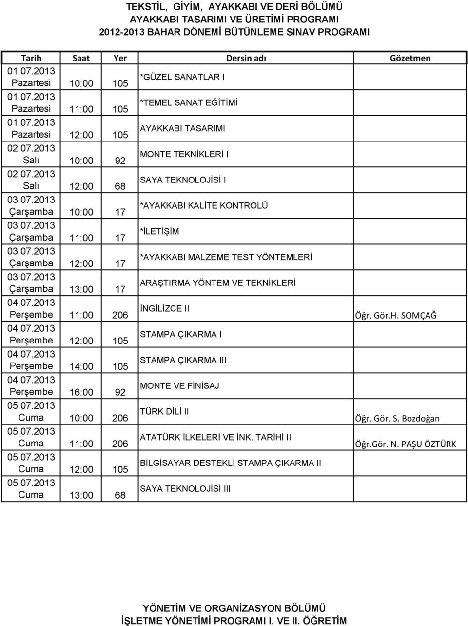17 ARAŞTIRMA YÖNTEM VE TEKNİKLERİ Perşembe 11:00 206 Öğr. Gör.H. SOMÇAĞ Perşembe 12:00 105 STAMPA ÇIKARMA I Perşembe 14:00 105 STAMPA ÇIKARMA III Perşembe 16:00 92 MONTE VE FİNİSAJ Cuma 10:00 206 Öğr.