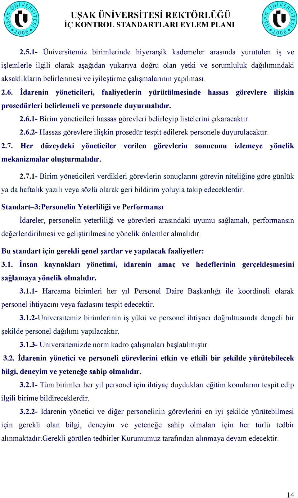 2.6.2- Hassas görevlere ilişkin prosedür tespit edilerek personele duyurulacaktır. 2.7.