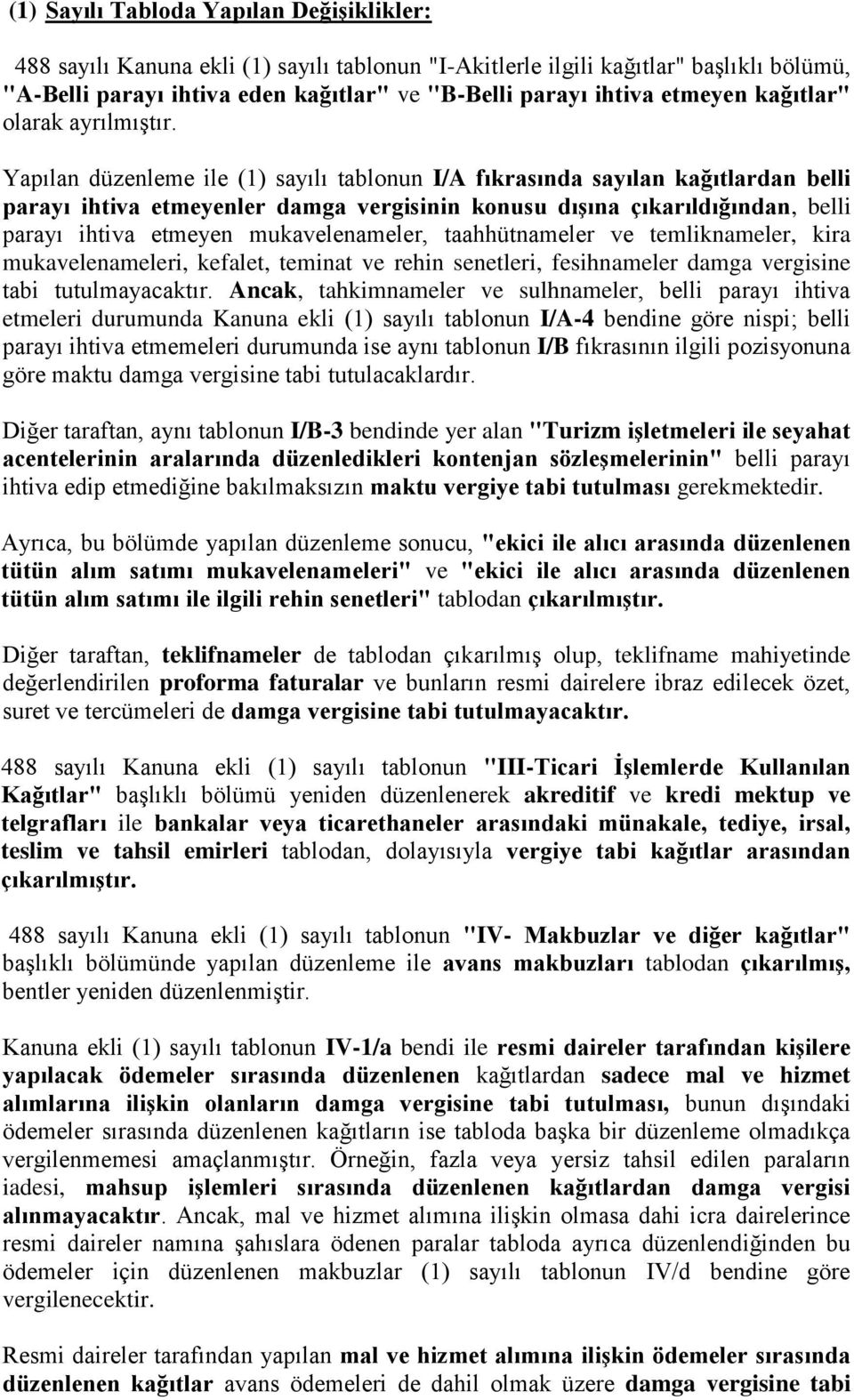 Yapılan düzenleme ile (1) sayılı tablonun I/A fıkrasında sayılan kağıtlardan belli parayı ihtiva etmeyenler damga vergisinin konusu dışına çıkarıldığından, belli parayı ihtiva etmeyen