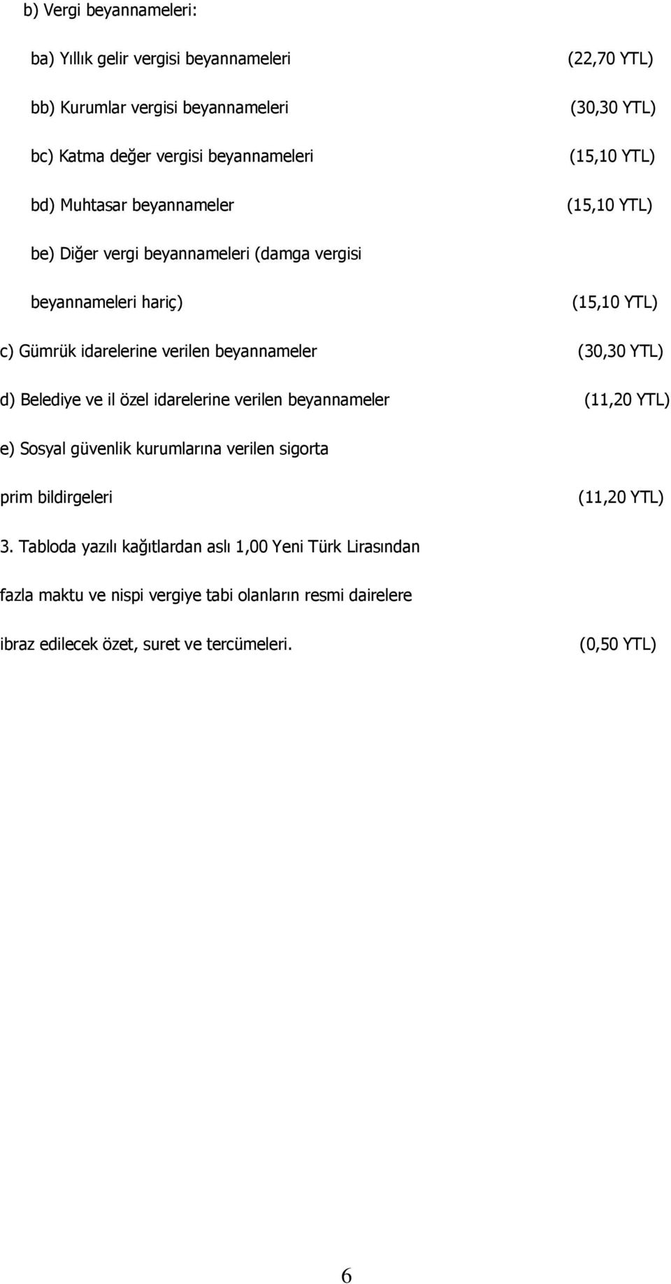 beyannameler (30,30 YTL) d) Belediye ve il özel idarelerine verilen beyannameler (11,20 YTL) e) Sosyal güvenlik kurumlarına verilen sigorta prim bildirgeleri (11,20