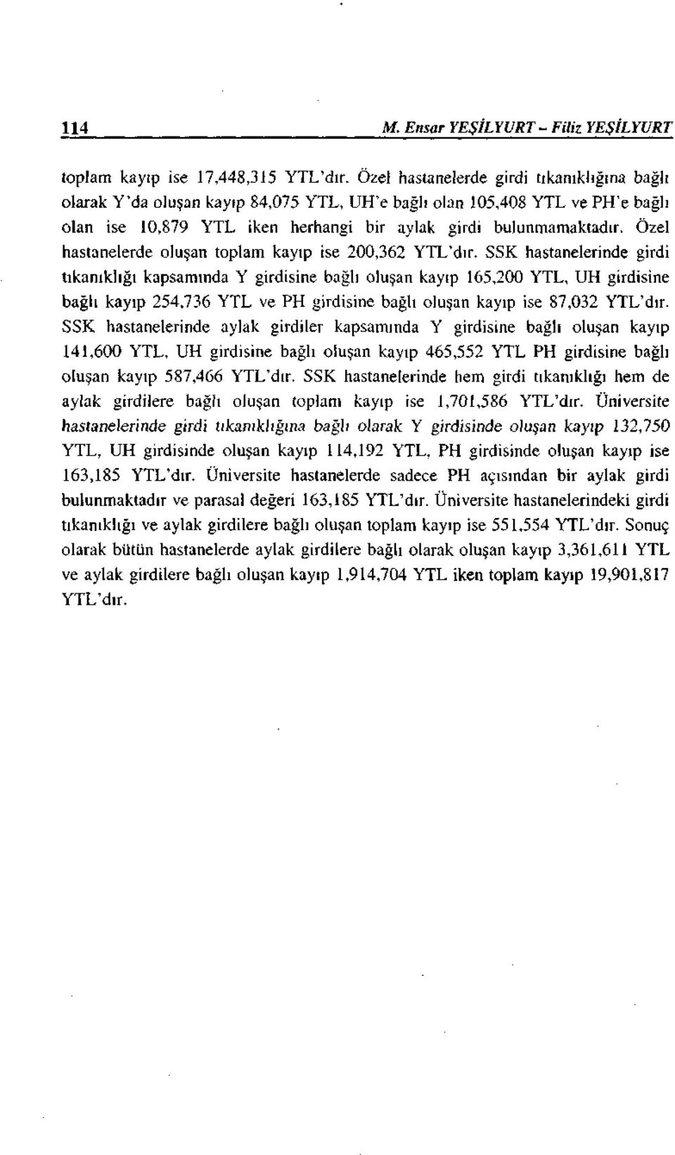 Özel hastanelerde oluşan toplam kayıp ise 200,362 YTL'dır.