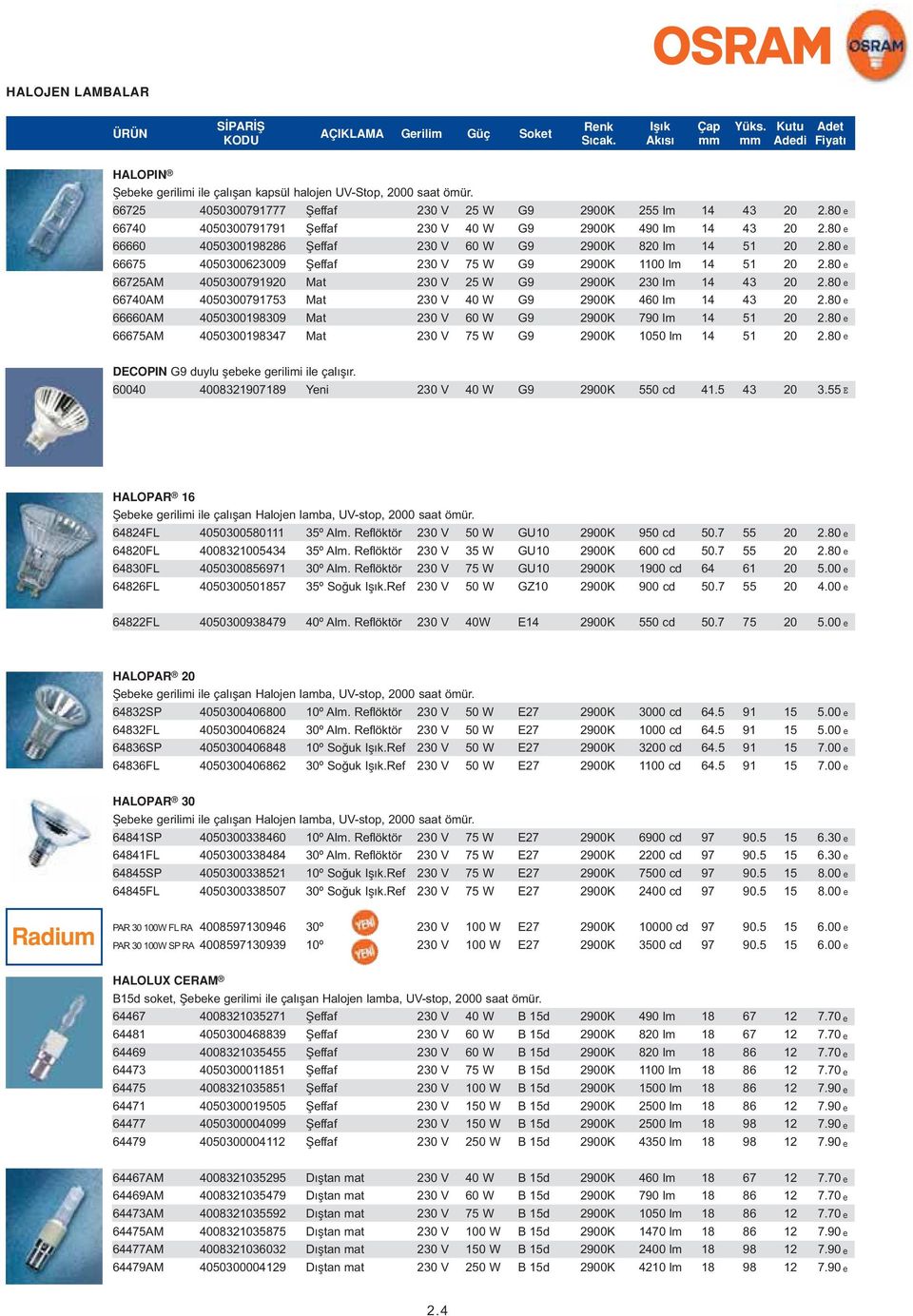 e 667AM 3007919 Mat W G9 2900K 230 lm 14 43 2. e 667AM 300791753 Mat W G9 2900K 460 lm 14 43 2. e 66660AM 300198309 Mat 60 W G9 2900K 790 lm 14 51 2. e 66675AM 300198347 Mat 75 W G9 2900K lm 14 51 2.