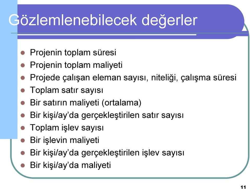 maliyeti (ortalama) Bir kişi/ay da gerçekleştirilen satır sayısı Toplam işlev sayısı