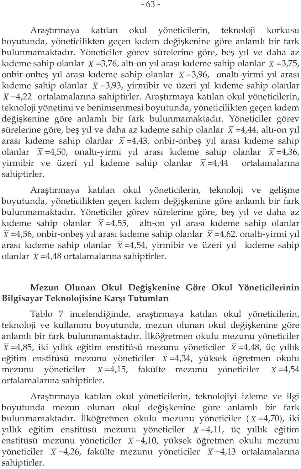 olanlar X =3,93, yirmibir ve üzeri yıl kıdeme sahip olanlar X =4,22 ortalamalarına sahiptirler.