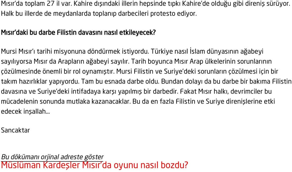 Tarih boyunca Mısır Arap ülkelerinin sorunlarının çözülmesinde önemli bir rol oynamıştır. Mursi Filistin ve Suriye deki sorunların çözülmesi için bir takım hazırlıklar yapıyordu.