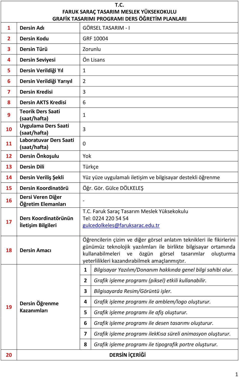 Türkçe 1 0 14 Dersin Veriliş Şekli Yüz yüze uygulamalı iletişim ve bilgisayar destekli öğrenme 15 Dersin Koordinatörü Öğr. Gör.