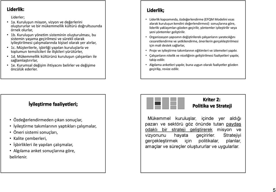 Müşterilerle, işbirliği yapılan kuruluşlarla ve toplumun temsilcileri ile ilişkileri yürütürler, 1d. Mükemmellik kültürünü kuruluşun çalışanları ile sağlamlaştırırlar, 1e.