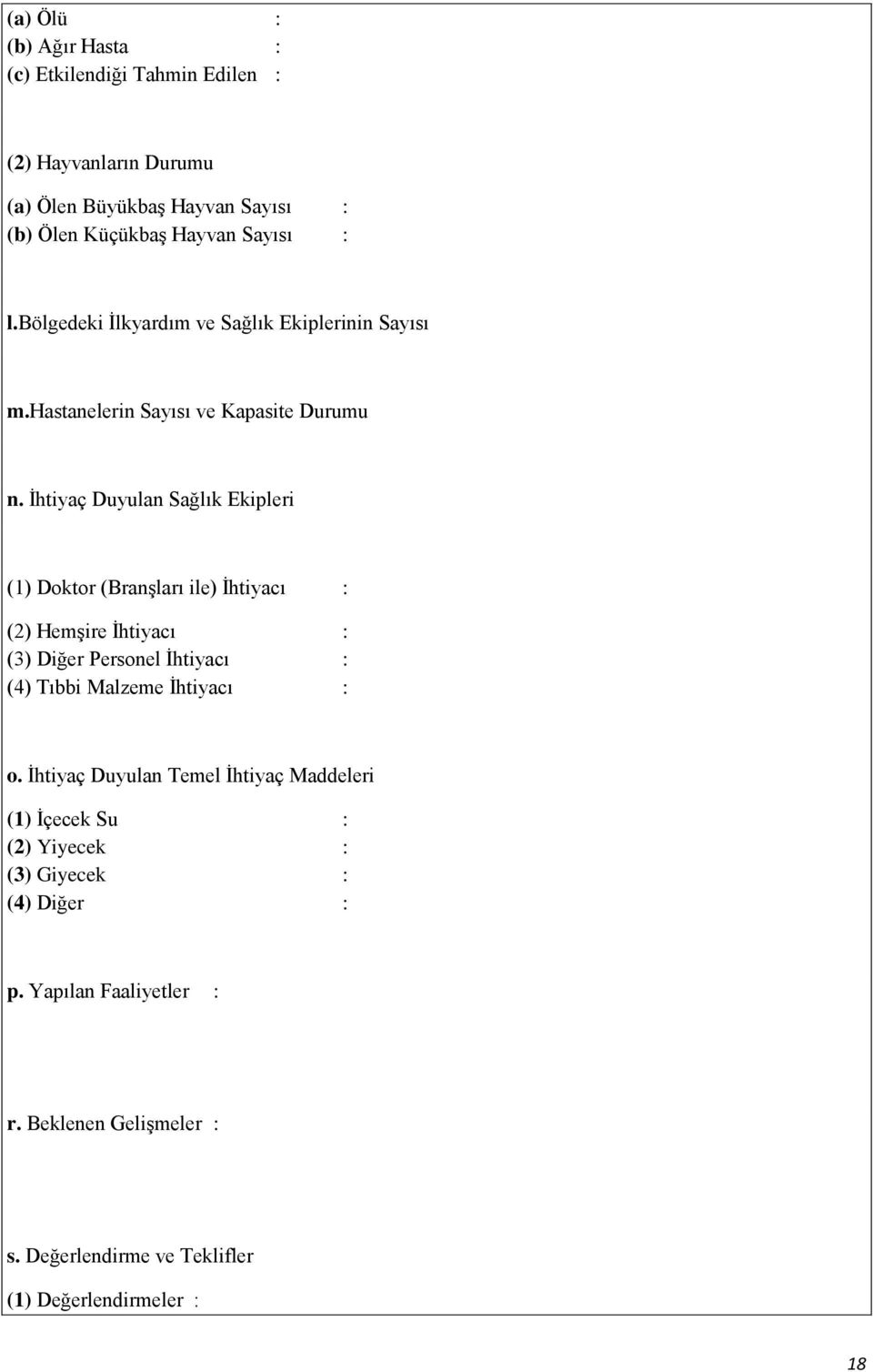 İhtiyaç Duyulan Sağlık Ekipleri (1) Doktor (Branşları ile) İhtiyacı : (2) Hemşire İhtiyacı : (3) Diğer Personel İhtiyacı : (4) Tıbbi Malzeme İhtiyacı