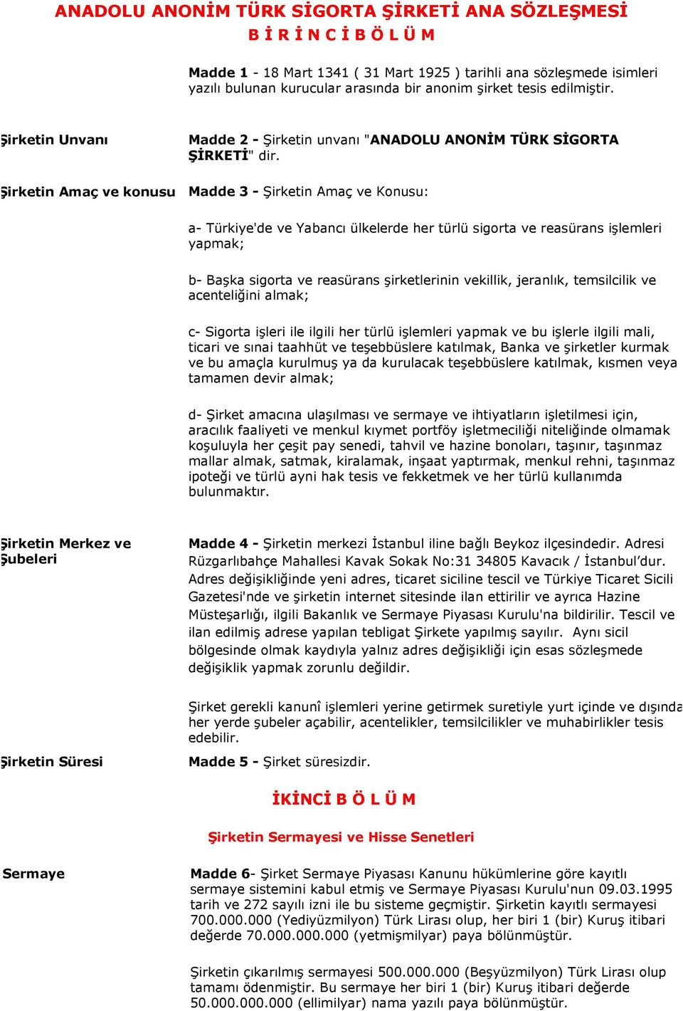 Şirketin Amaç ve konusu Madde 3 - Şirketin Amaç ve Konusu: a- Türkiye'de ve Yabancı ülkelerde her türlü sigorta ve reasürans işlemleri yapmak; b- Başka sigorta ve reasürans şirketlerinin vekillik,