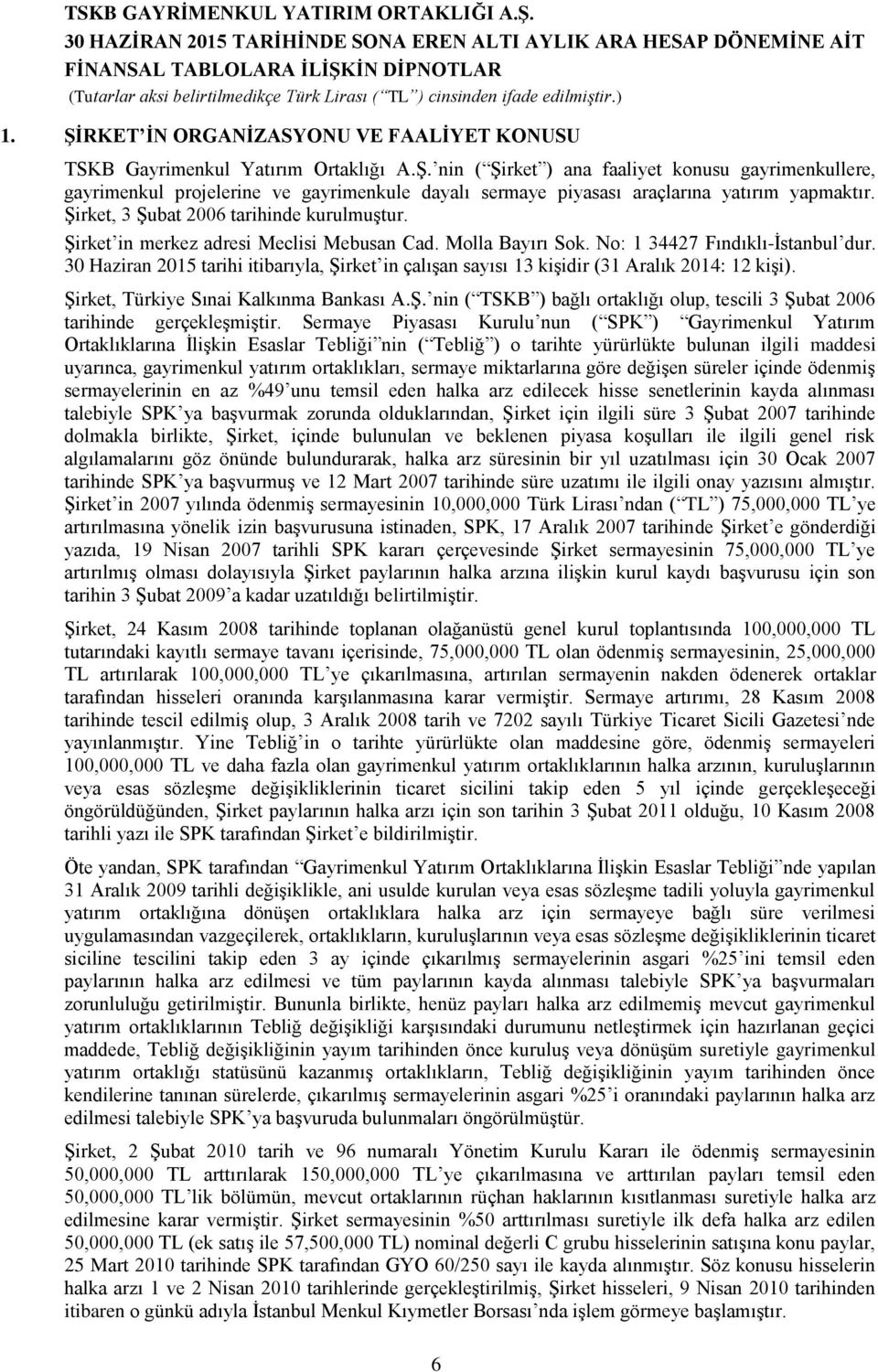 2015 tarihi itibarıyla, Şirket in çalışan sayısı 13 kişidir (31 Aralık 2014: 12 kişi). Şirket, Türkiye Sınai Kalkınma Bankası A.Ş. nin ( TSKB ) bağlı ortaklığı olup, tescili 3 Şubat 2006 tarihinde gerçekleşmiştir.