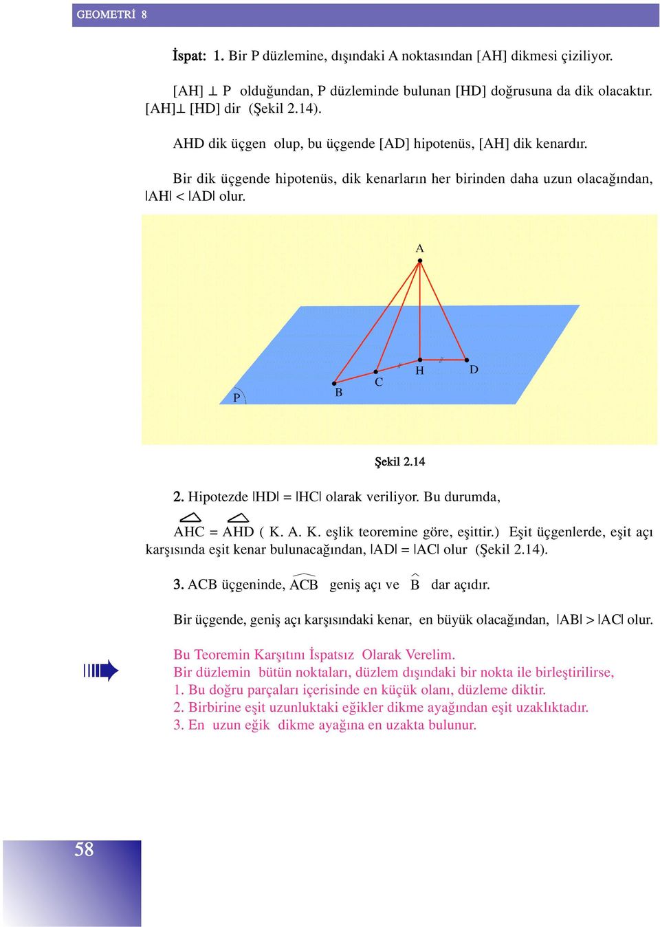 Hipotezde HD = HC olarak veriliyor. Bu durumda, AHC = AHD ( K. A. K. efllik teoremine göre, eflittir.) Eflit üçgenlerde, eflit aç karfl s nda eflit kenar bulunaca ndan, AD = AC olur (fiekil 2.14). 3.