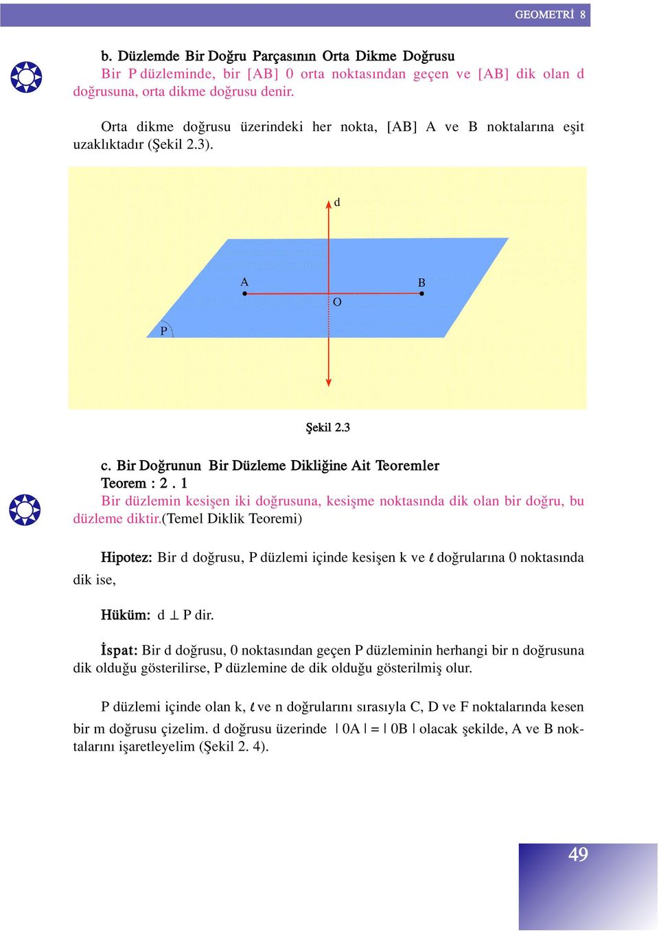 1 Bir düzlemin kesiflen iki do rusuna, kesiflme noktas nda dik olan bir do ru, bu düzleme diktir.