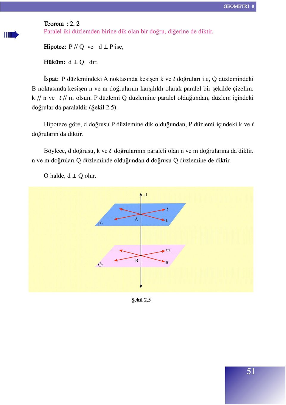 k // n ve l // m olsun. P düzlemi Q düzlemine paralel oldu undan, düzlem içindeki do rular da paralaldir (fiekil 2.5).