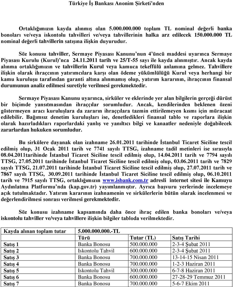 2011 tarih ve 25/T-55 sayı ile kayda alınmıģtır. Ancak kayda alınma ortaklığımızın ve tahvillerin Kurul veya kamuca tekeffülü anlamına gelmez.