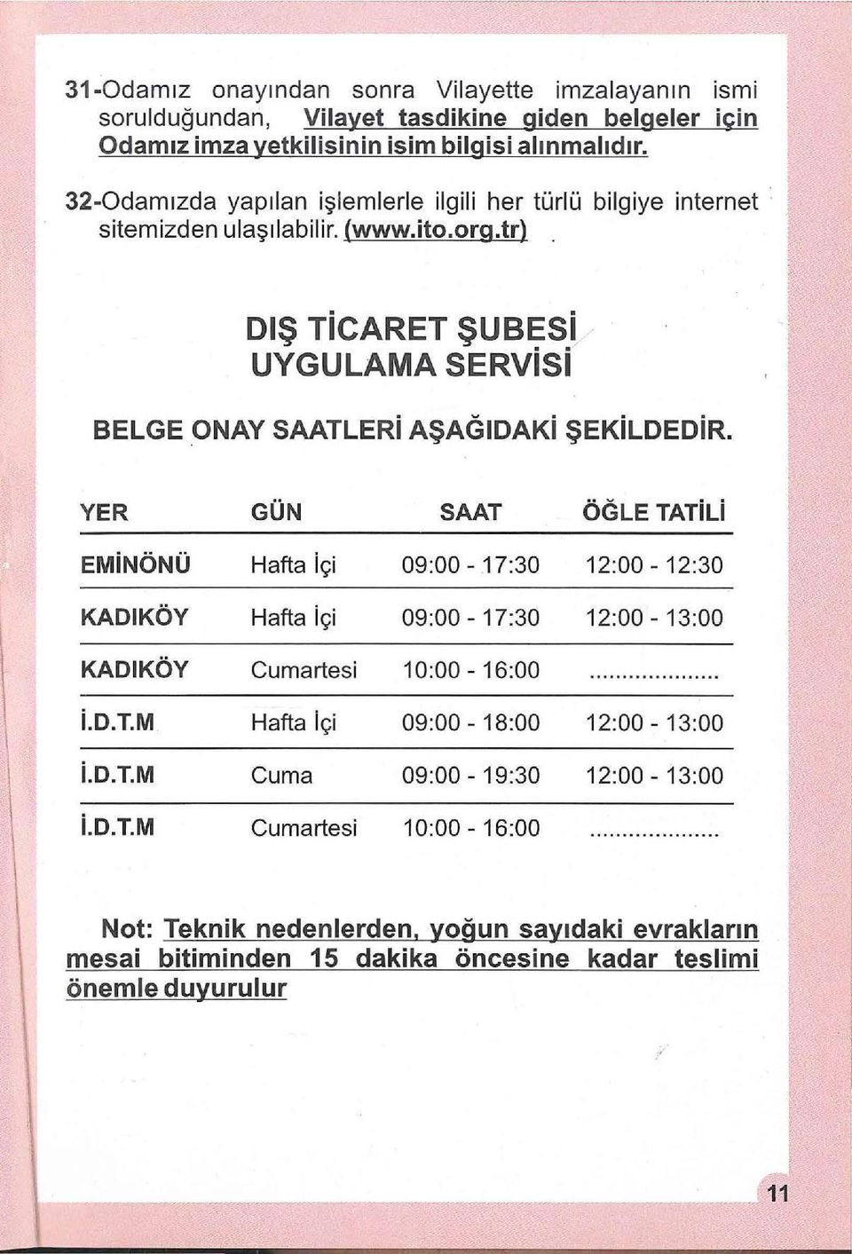 trl DIŞ TiCARET ŞUBESi UYGULAMA SERViSi BELGE ONAY SAATLERi AŞAGIDAKi ŞEKiLDEDiR.