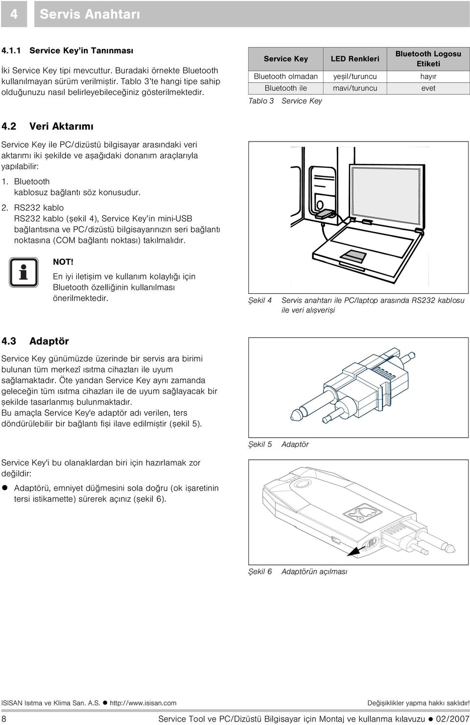 Service Key LED Renkleri Bluetooth Logosu Etiketi Bluetooth olmadan yeþil/turuncu hayýr Bluetooth ile mavi/turuncu evet Tablo 3 Service Key 4.