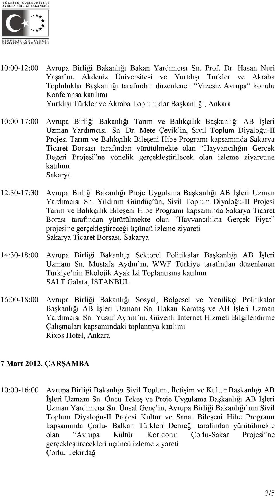 Başkanlığı, Ankara 10:00-17:00 Avrupa Birliği Bakanlığı Tarım ve Balıkçılık Başkanlığı AB İşleri Uzman Yardımcısı Sn. Dr.