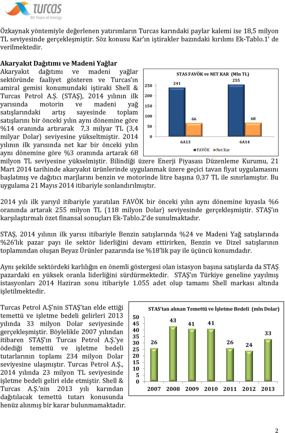 (STAŞ), 2014 yılının ilk yarısında motorin ve madeni yağ satışlarındaki artış sayesinde toplam satışlarını bir önceki yılın aynı dönemine göre %14 oranında artırarak 7,3 milyar TL (3,4 milyar Dolar)