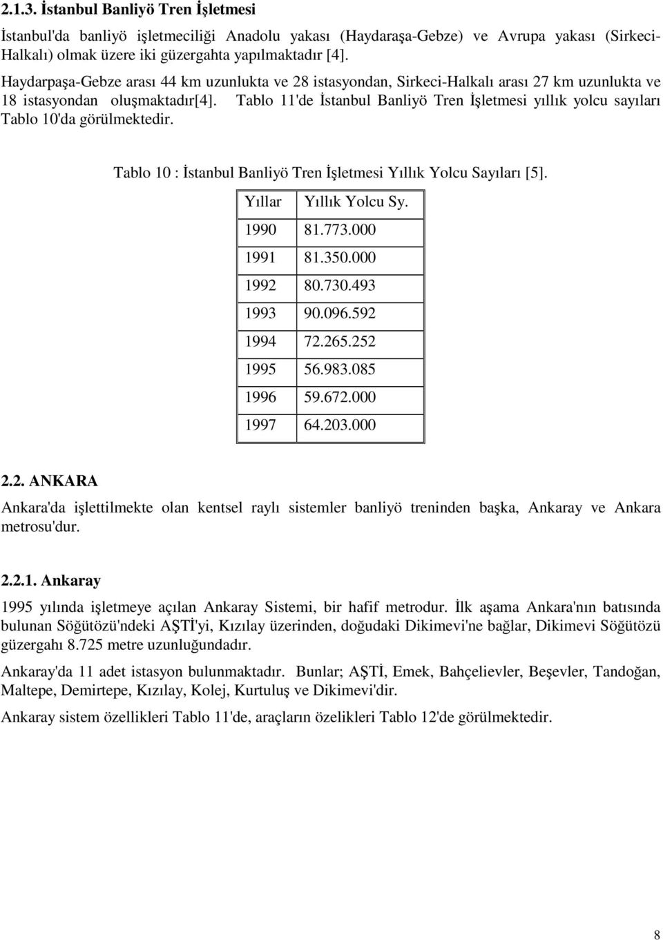 Tablo 11'de stanbul Banliyö Tren letmesi yıllık yolcu sayıları Tablo 10'da görülmektedir. Tablo 10 : stanbul Banliyö Tren letmesi Yıllık Yolcu Sayıları [5]. Yıllar Yıllık Yolcu Sy. 1990 81.773.