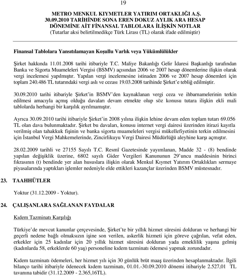 Yapılan vergi incelemesine istinaden 2006 ve 2007 hesap dönemleri için toplam 240.486 TL tutarındaki vergi aslı ve cezası 19.03.2008 tarihinde Şirket e tebliğ edilmiştir. 30.09.