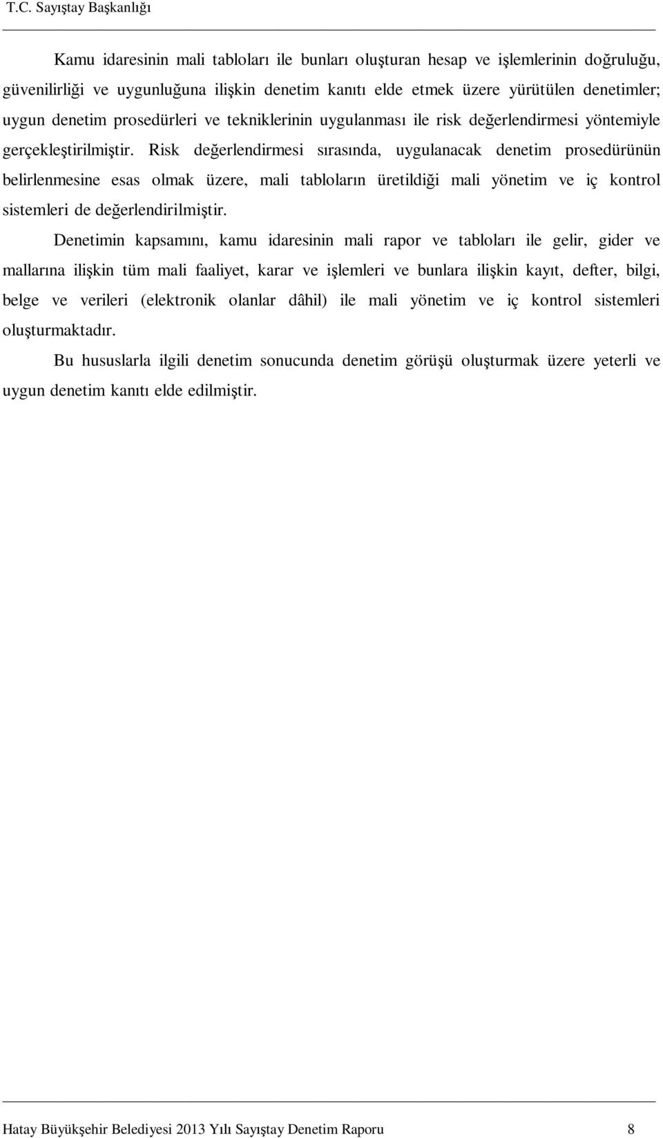 Risk de erlendirmesi s ras nda, uygulanacak denetim prosedürünün belirlenmesine esas olmak üzere, mali tablolar n üretildi i mali yönetim ve iç kontrol sistemleri de de erlendirilmi tir.