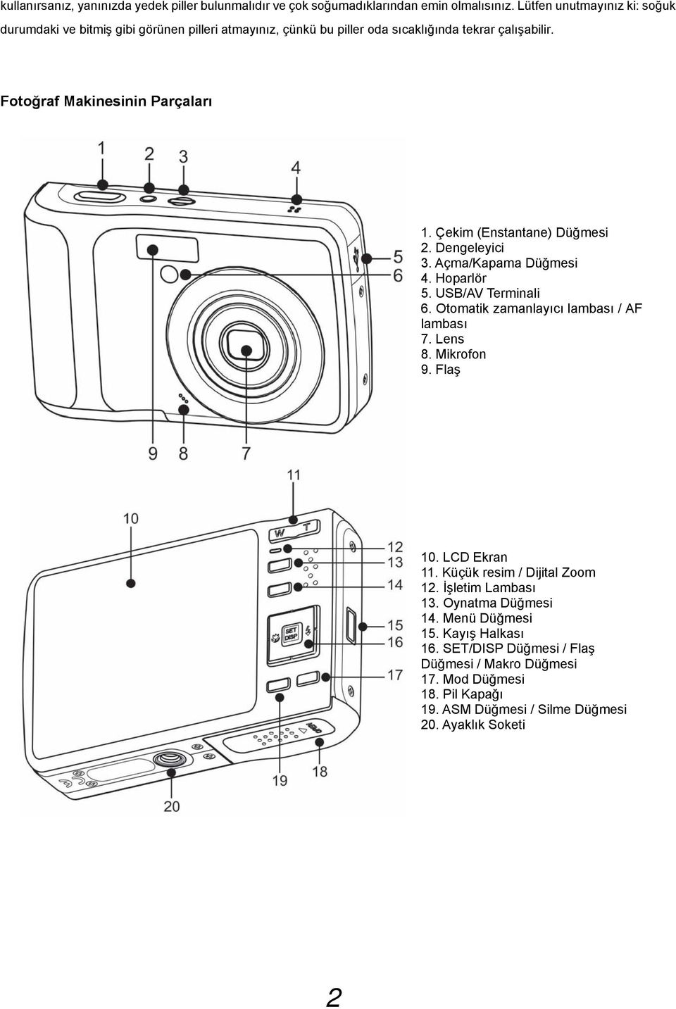 Çekim (Enstantane) Düğmesi. Dengeleyici 3. Açma/Kapama Düğmesi 4. Hoparlör 5. USB/AV Terminali 6. Otomatik zamanlayıcı lambası / AF lambası 7. Lens 8. Mikrofon 9.