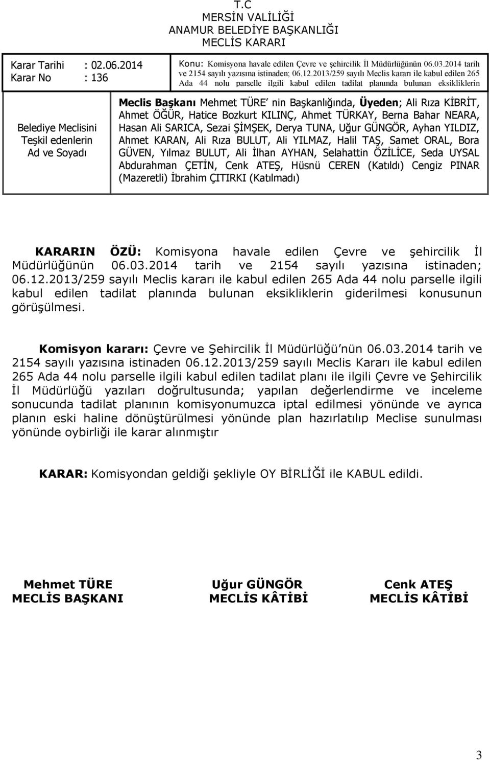 2013/259 sayılı Meclis kararı ile kabul edilen 265 Ada 44 nolu parselle ilgili kabul edilen tadilat planında bulunan eksikliklerin giderilmesi konusunun görüģülmesi.