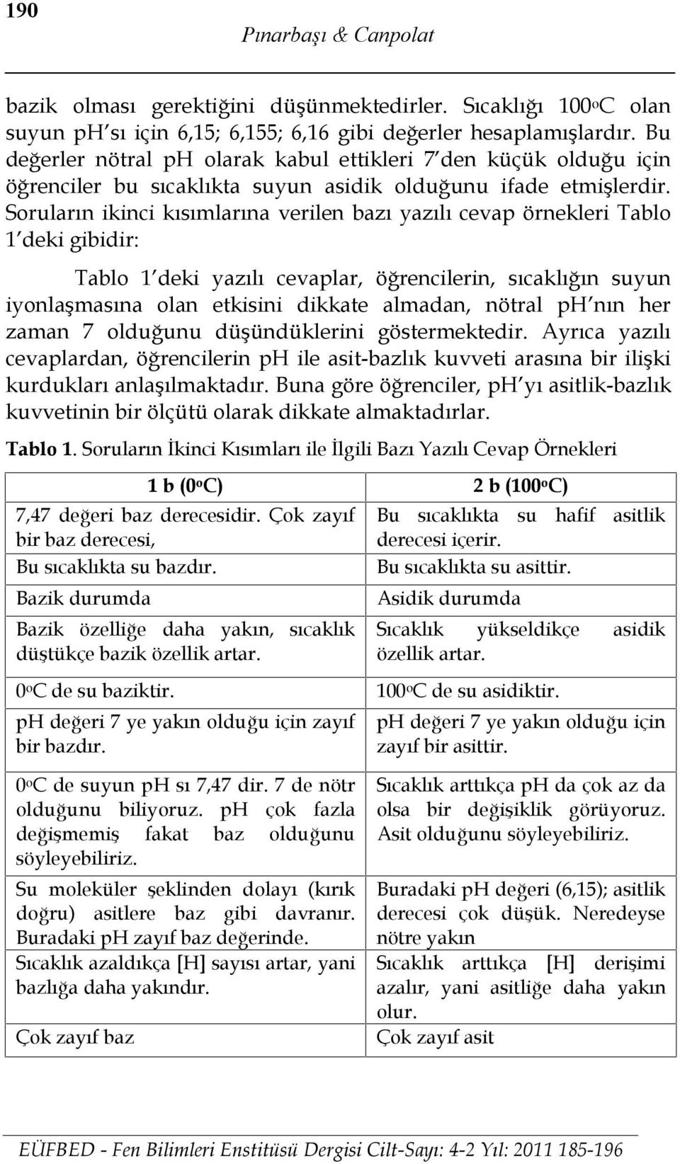 Soruların ikinci kısımlarına verilen bazı yazılı cevap örnekleri Tablo 1 deki gibidir: Tablo 1 deki yazılı cevaplar, öğrencilerin, sıcaklığın suyun iyonlaşmasına olan etkisini dikkate almadan, nötral