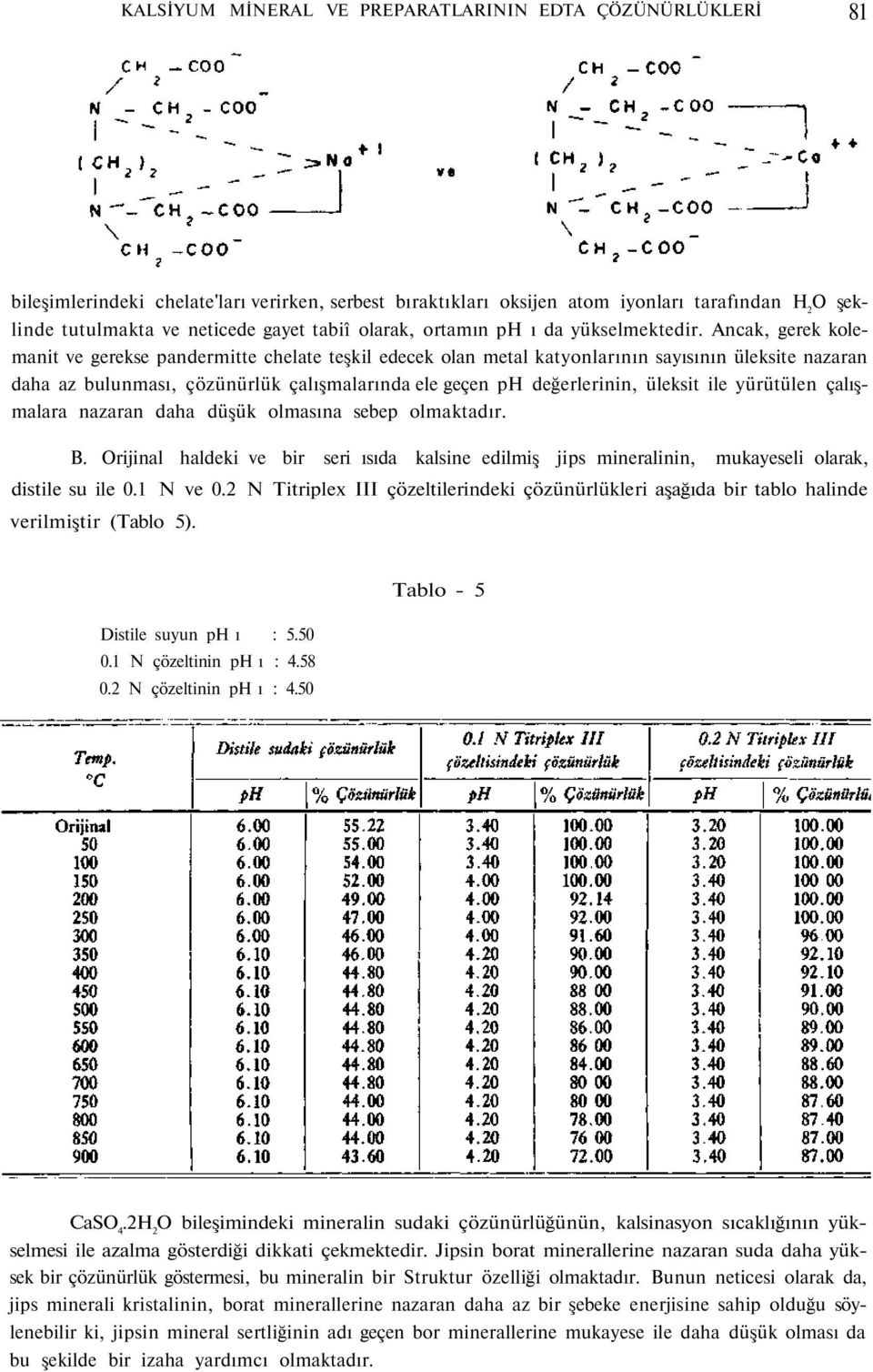 Ancak, gerek kolemanit ve gerekse pandermitte chelate teşkil edecek olan metal katyonlarının sayısının üleksite nazaran daha az bulunması, çözünürlük çalışmalarında ele geçen ph değerlerinin, üleksit