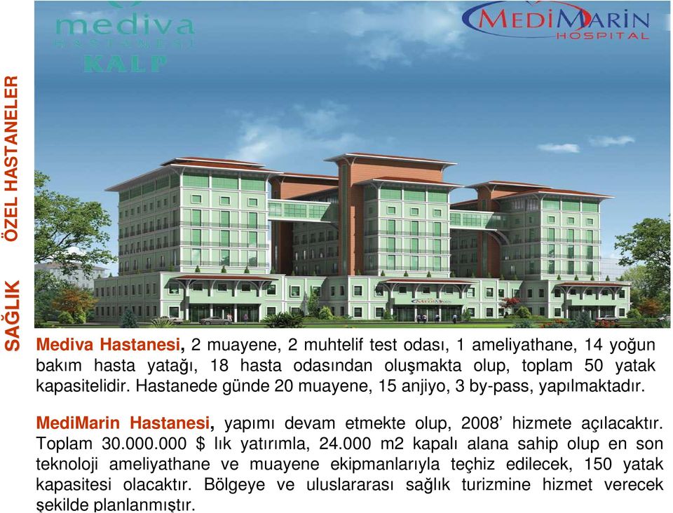 MediMarin Hastanesi, yapımı devam etmekte olup, 2008 hizmete açılacaktır. Toplam 30.000.000 $ lık yatırımla, 24.